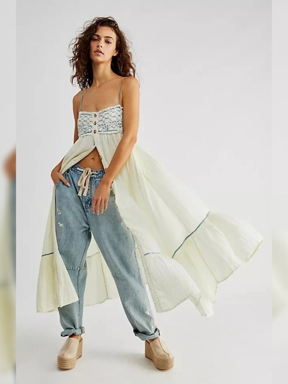Free People Linda Jo Midi Dress M 8 Women's Smocked Gauze Buttondown NEW 46831